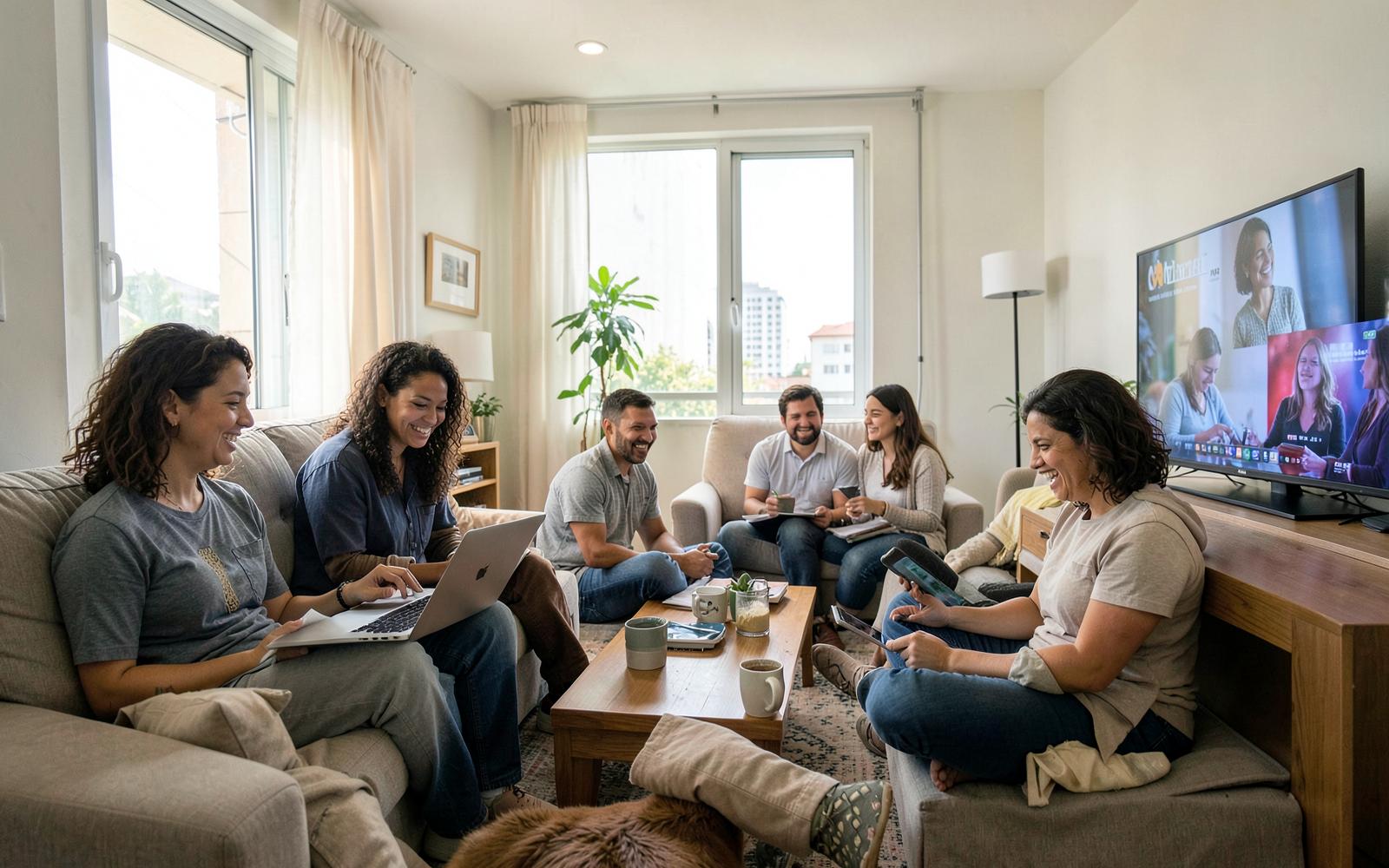 Pessoas trabalhando, estudando e aproveitando conteúdos em uma casa conectada